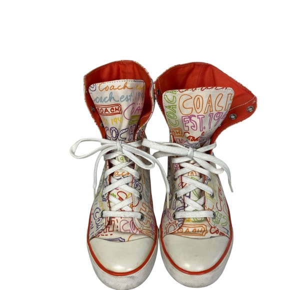 Coach Shoes - Coach Bonney White orange High-Top Sneakers with Multicolor Logo Print